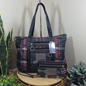 Coach Poppy Signature Tartan Plaid Glam Tote and Wallet